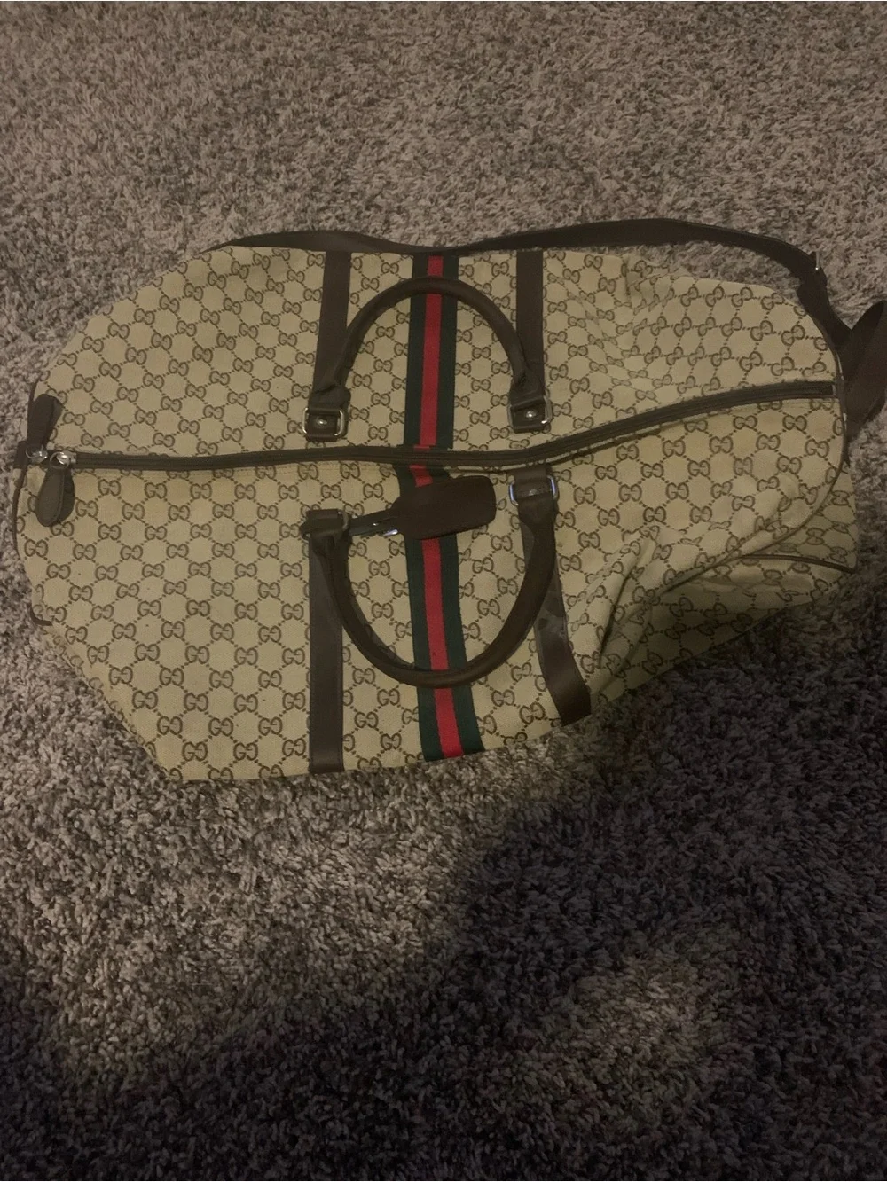 Gucci Brown Monogram Weekend Bag with Red & Green Web Stripe